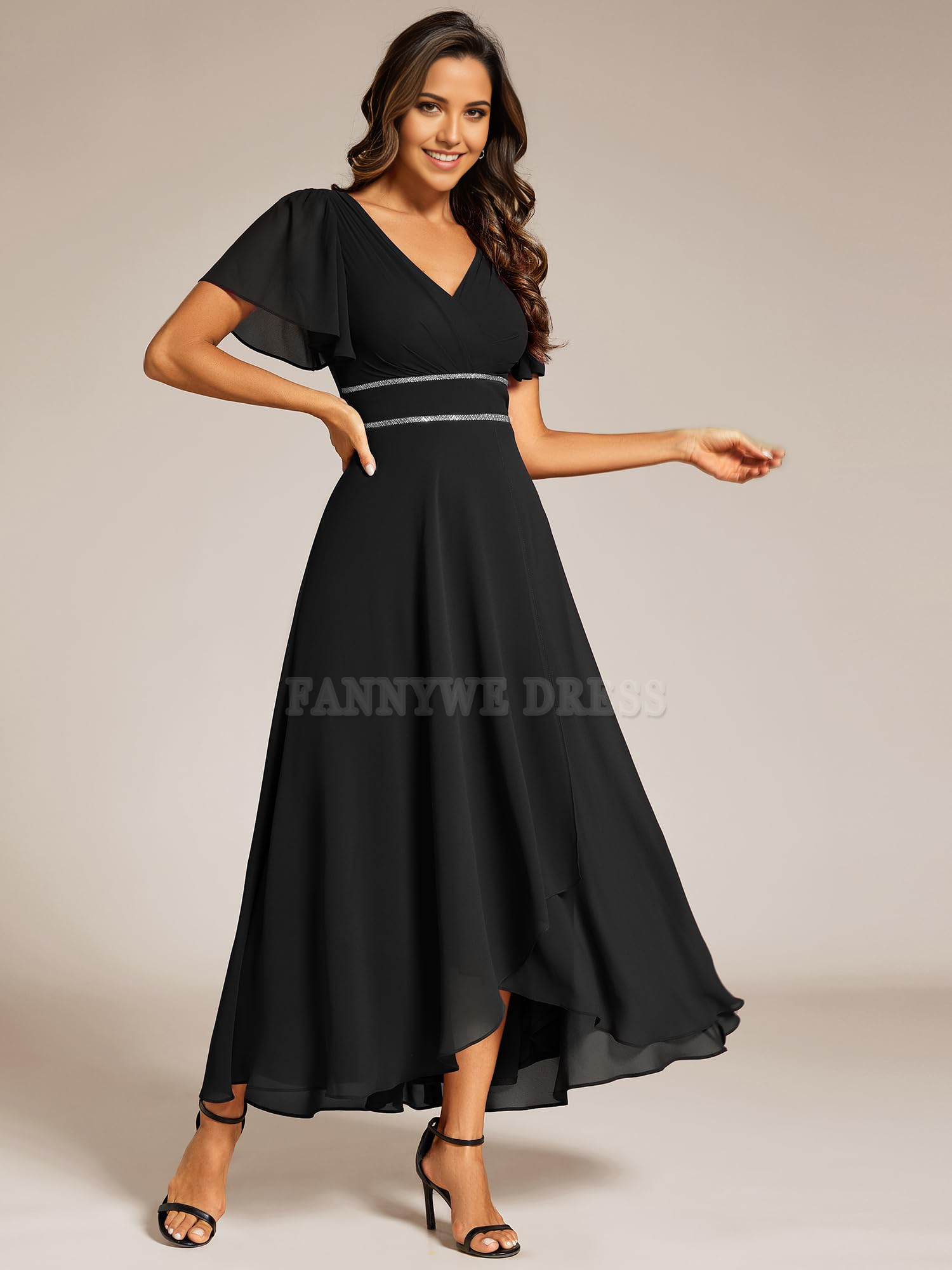 Vestido formal de gasa plisado con mangas y cuello en V y volantes, vestido de dama de honor, vestido de noche, vestido de fiesta